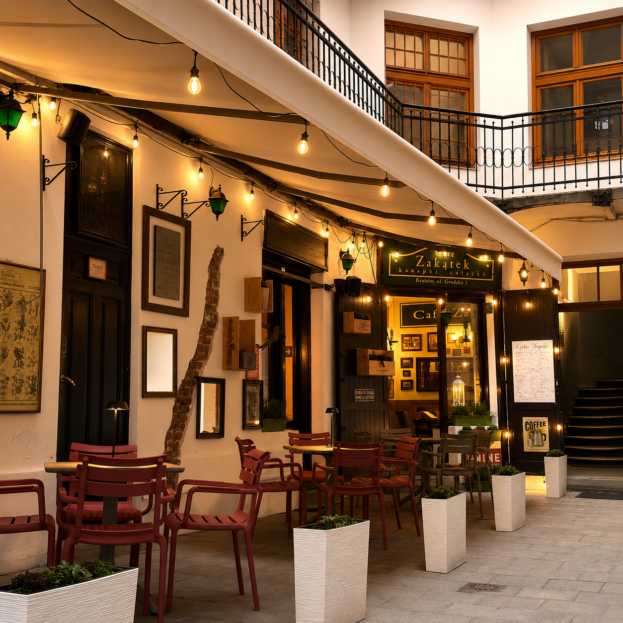 Oświetlony dziedziniec Cafe Zakątek, ze stolikami i wejściem do lokalu