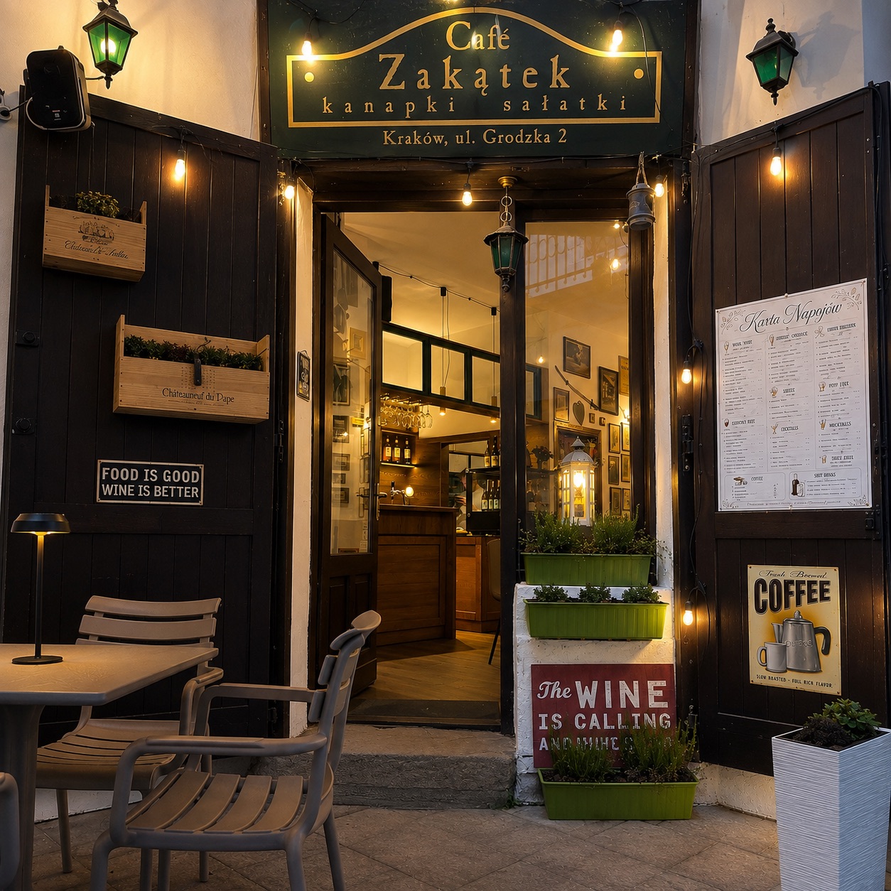 Wejście do Cafe Zakątek z zielonym szyldem, lampionami i widokiem na przytulny bar